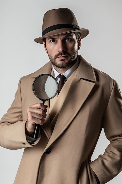 Photo portrait of a mysterious detective with a magnifying glass dressed in a beige coat and hat