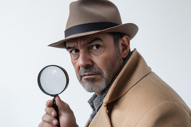 Photo portrait of a mysterious detective with a magnifying glass dressed in a beige coat and hat