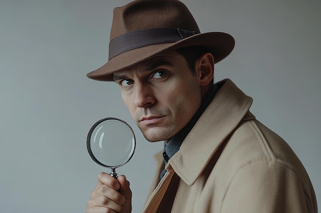 Portrait of a mysterious detective with a magnifying glass dressed in a beige coat and hat