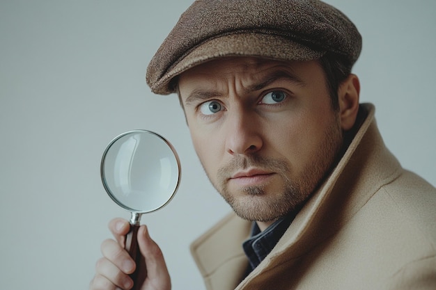 Portrait of a mysterious detective with a magnifying glass dressed in a beige coat and hat