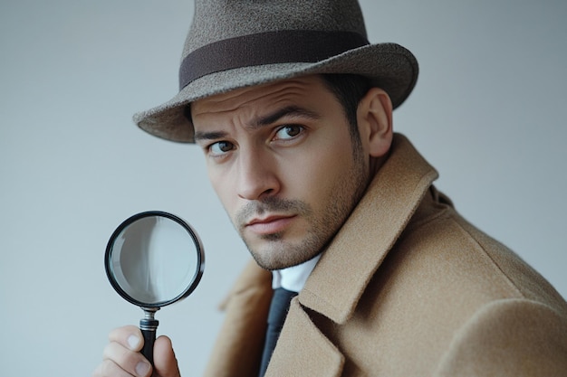 Portrait of a mysterious detective with a magnifying glass dressed in a beige coat and hat