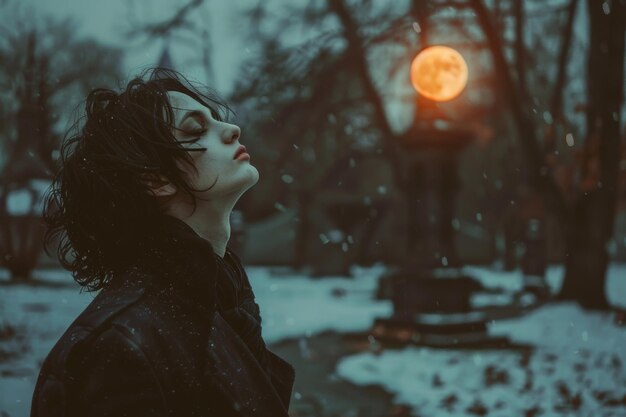 Photo portrait of a mysterious vampire man in a dark autumn park