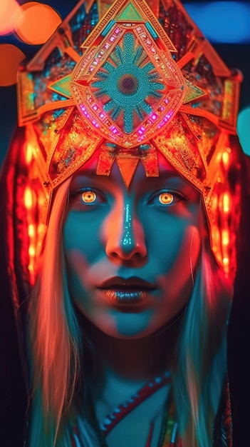 Portrait of a mystical fantasy bioluminescent neon lady Glamorous fashionable girl