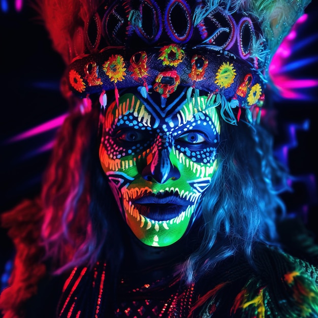 Portrait of a mystical fantasy bioluminescent neon man Glamorous fashionable rastaman