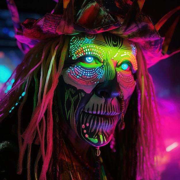 Portrait of a mystical fantasy bioluminescent neon man Glamorous fashionable rastaman