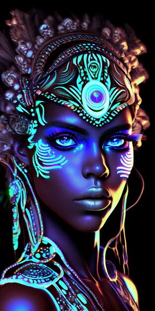 Portrait of a mystical fantasy bioluminescent neon woman Glamorous fashionable lady