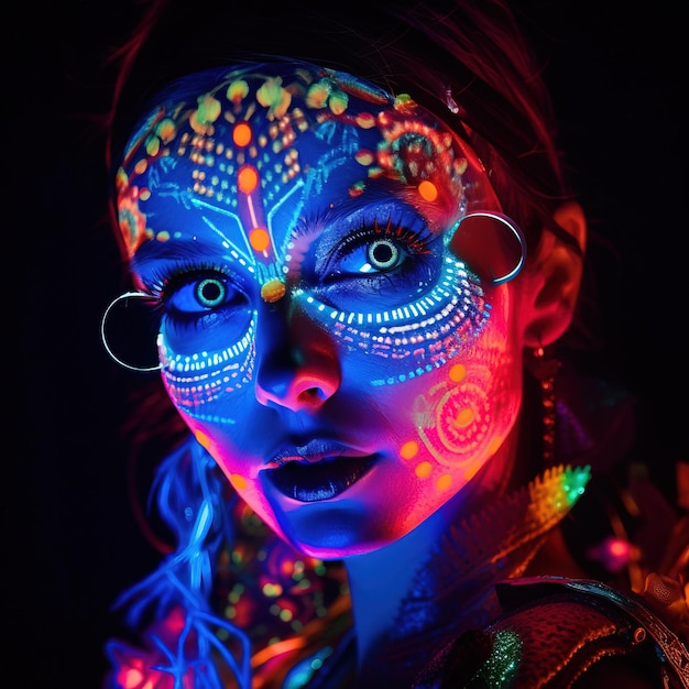 Portrait of a mystical fantasy bioluminescent neon woman Glamorous fashionable lady