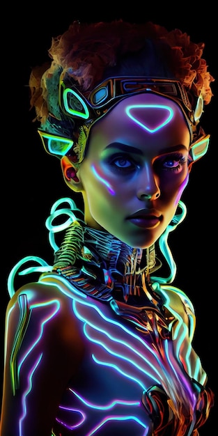 Portrait of a mystical fantasy bioluminescent neon woman Glamorous fashionable lady