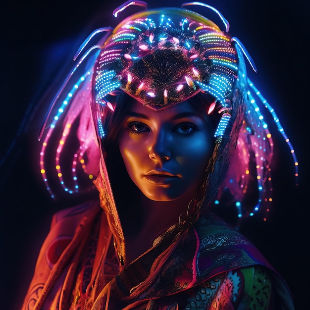 Portrait of a mystical fantasy bioluminescent neon woman Glamorous fashionable lady