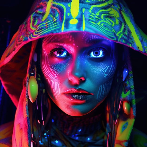 Portrait of a mystical fantasy bioluminescent neon woman Glamorous fashionable lady