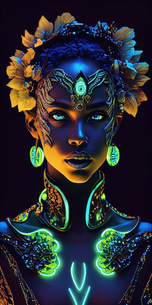 Portrait of a mystical fantasy bioluminescent neon woman Glamorous fashionable lady