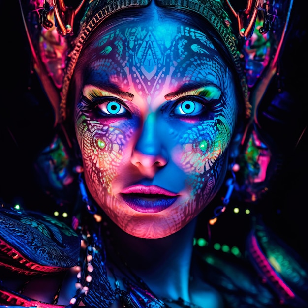 Portrait of a mystical fantasy bioluminescent neon woman Glamorous fashionable lady