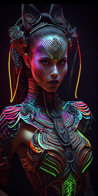 Portrait of a mystical fantasy bioluminescent neon woman Glamorous fashionable lady