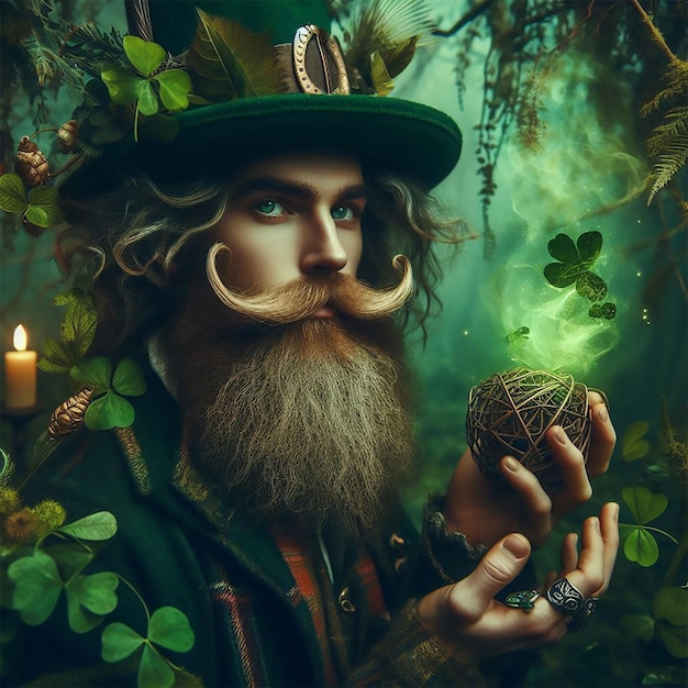 Portrait of mystical leprechaun character surrounded by nature and vegetation