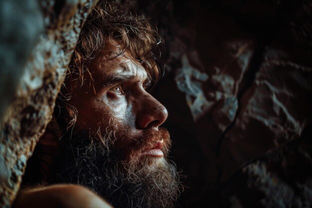 Portrait of a neanderthal man prehistoric human hunter from prehistory era ai generative