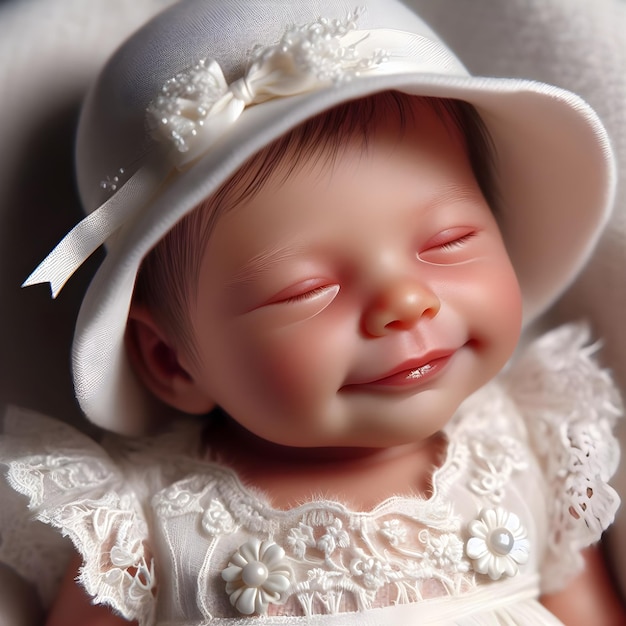 portrait of a newborn baby in white dress