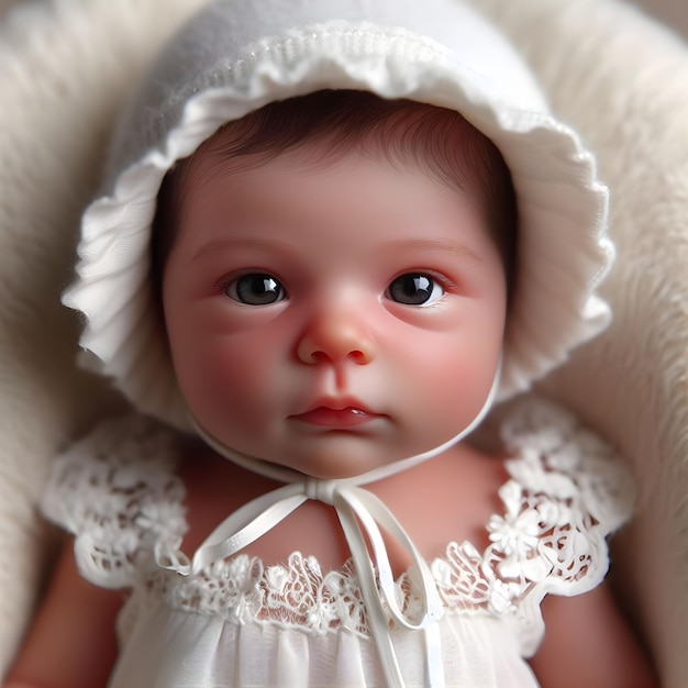 portrait of a newborn baby in white dress