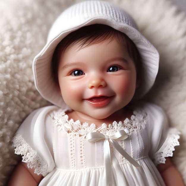 portrait of a newborn baby in white dress