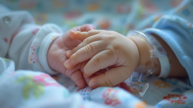 Portrait newborn premature baby hand hold her mother hand in hospital Generated AI image