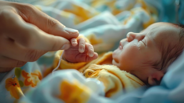 Photo portrait newborn premature baby hand hold her mother hand in hospital generated ai image