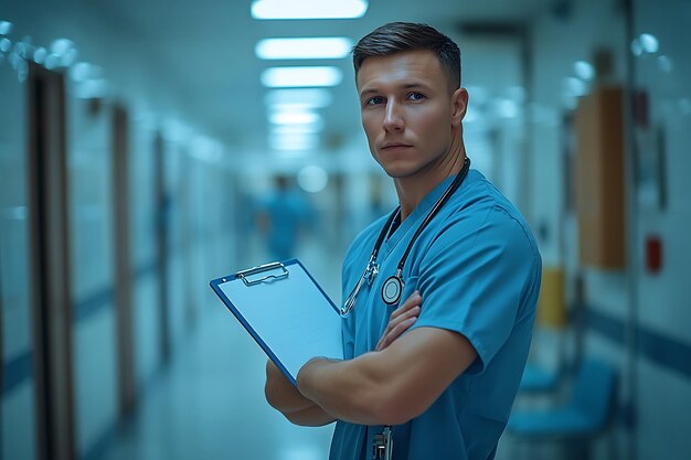 Photo portrait of a nurse against blue background