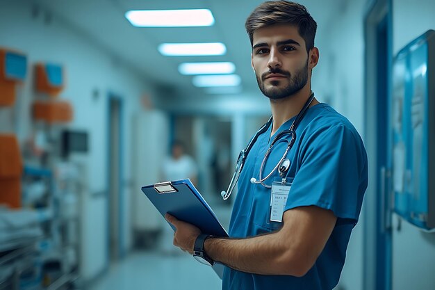 Portrait of a Nurse Professional and Confident Medical Specialist on Blue Background