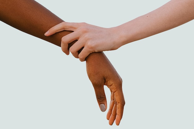 Portrait ofHand of caucasian young man, Woman's hand holding something, on white background.