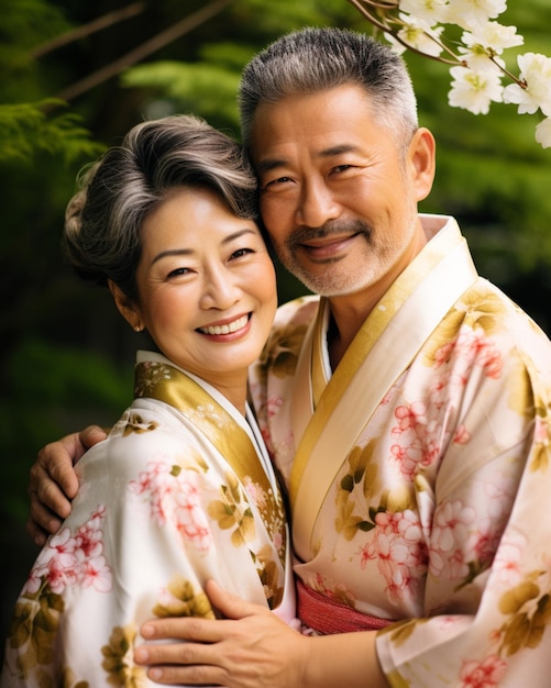 Portrait of old asian couple with kimono