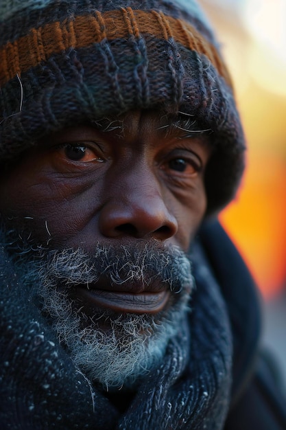 Portrait of an old beggar man in a hat and scarf