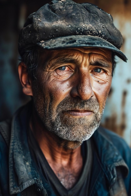 Portrait of an old homeless man with a dirty face and a cap