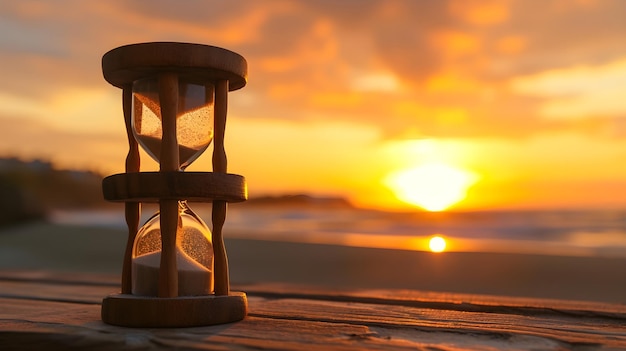 Portrait of an old hourglass against sunset background