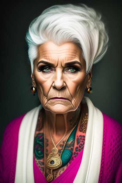 A portrait of an old lady with green eyes and a red sweater.