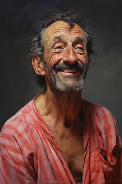 Portrait of an old man with a beard in a red shirt