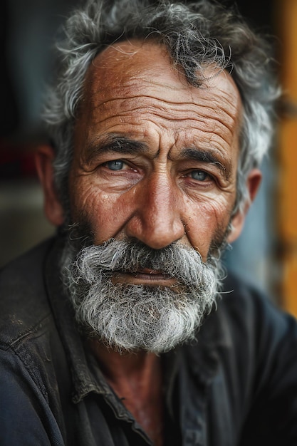 Portrait of an old man with a gray beard and mustache in the village