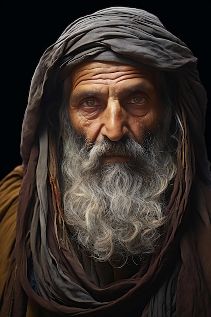 Portrait of an old man with a long beard and mustache on a black background