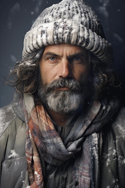 Portrait of an old man with a long gray beard and gray hair in a winter cap and scarf