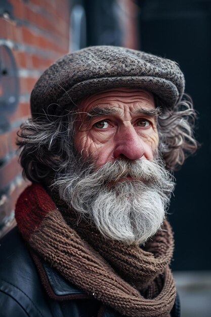 Portrait of an old man with long gray beard and mustache in a hat and scarf on a brick wall backgrou