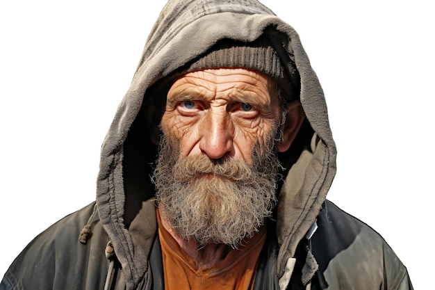 Portrait of an old man with a long gray beard and mustache in a jacket on a white background