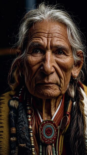 a portrait of an old man with a traditional headdress indian