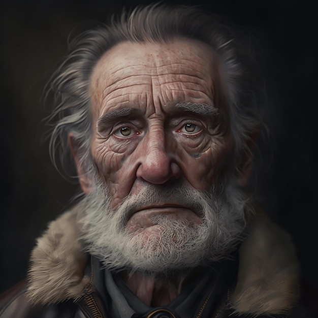 A portrait of an old man with a white beard and a brown collar.