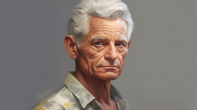 Portrait of an old man with white hair and gray eyes