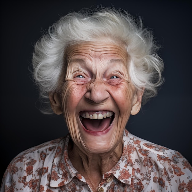 Portrait of old senior woman laughing with messy grey hair Generative AI