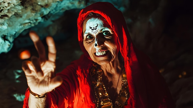 Portrait of an old woman with skull makeup in a cave