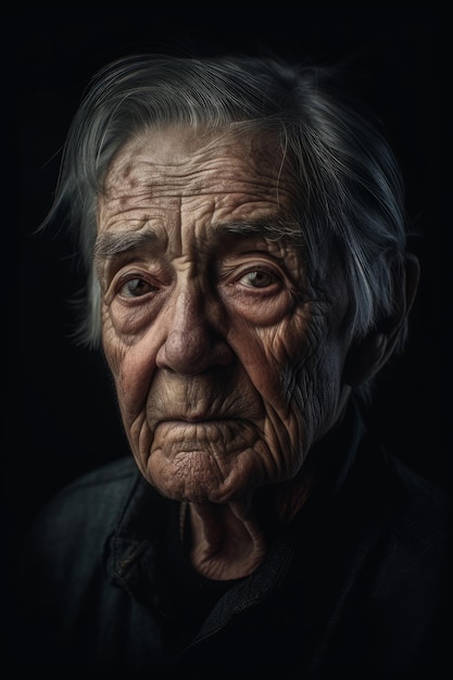 A portrait of an old woman with wrinkles on her face