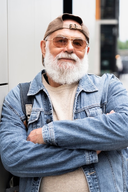 Portrait of older man posing while outdoors in the city