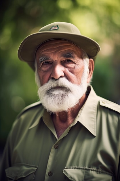 Portrait of an older man working as a tour guide at a wildlife park created with generative ai