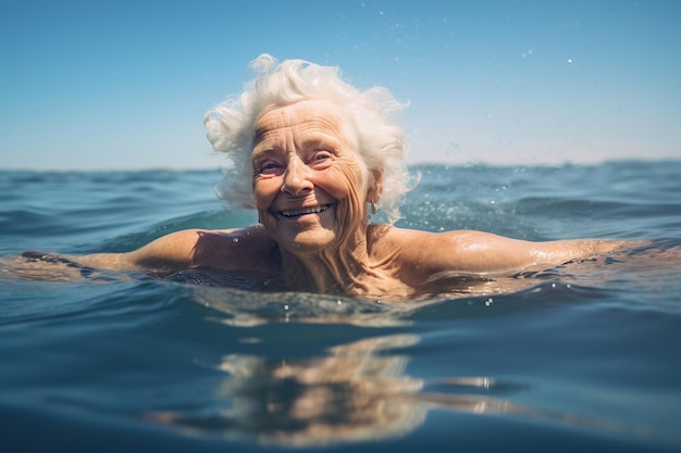 Portrait of an Older Woman Enjoying a Swim in the Lake Generative Ai