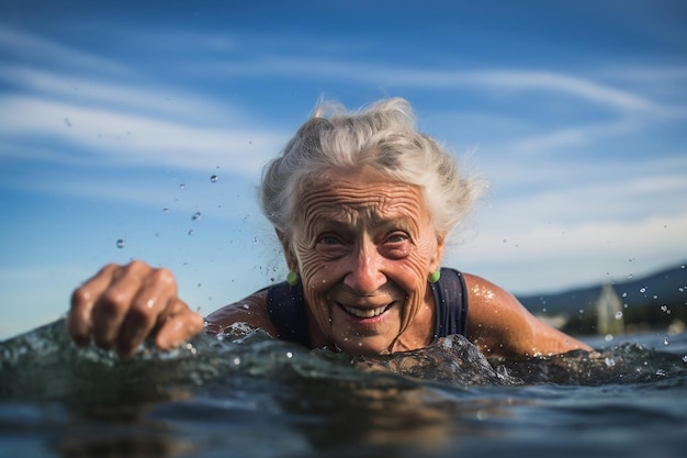 Portrait of an Older Woman Enjoying a Swim in the Lake Generative Ai