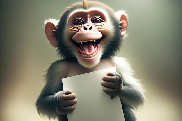 Portrait one little brown monkey smile and is happy funny hold white paper board for text ai generative