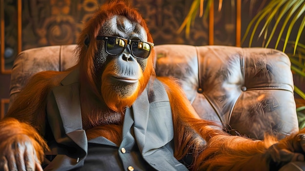 Portrait of an Orangutan Primate Wearing Sunglasses and a Formal Business Suit Sitting Thoughtfully on a Comfortable Sofa in a Relaxed Contemplative Pose